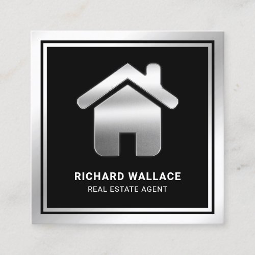 Black Silver Foil Home Logo Real Estate Agent Square Business Card