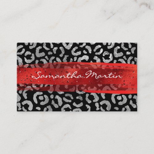 Black Silver Foil Leopard Red Brush Stroke Business Card