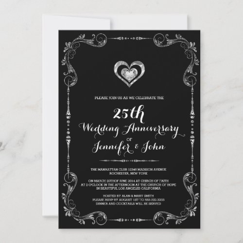 Black  Silver Frame Heart Silver Anniversary Invitation