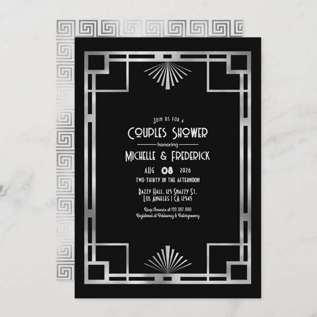 Black & Silver Gatsby Art Deco Couples Shower Invitation (Front/Back)