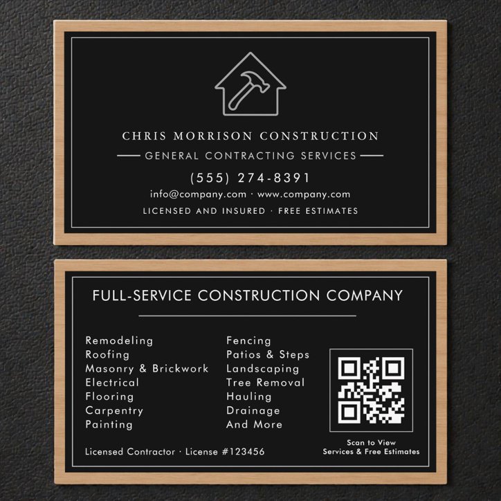 Black Silver General Contractor QR Code Wood Business Card