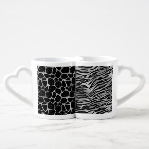 BLACK & SILVER GIRAFFE & TIGER GLITTER LOOK PATTER COFFEE MUG SET