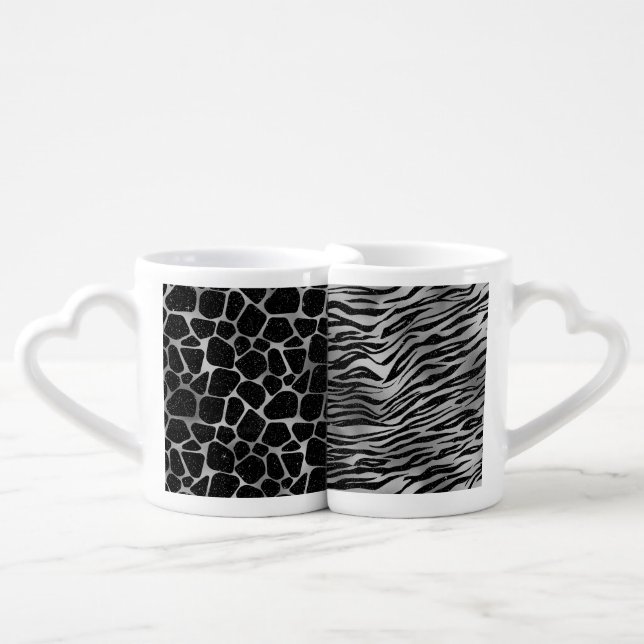 BLACK & SILVER GIRAFFE & TIGER GLITTER LOOK PATTER COFFEE MUG SET (Front Nesting)