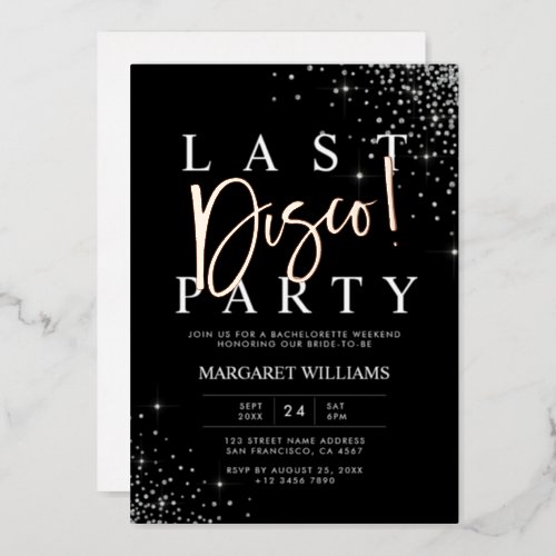 Black Silver Glam Last Disco Bachelorette Party Foil Invitation