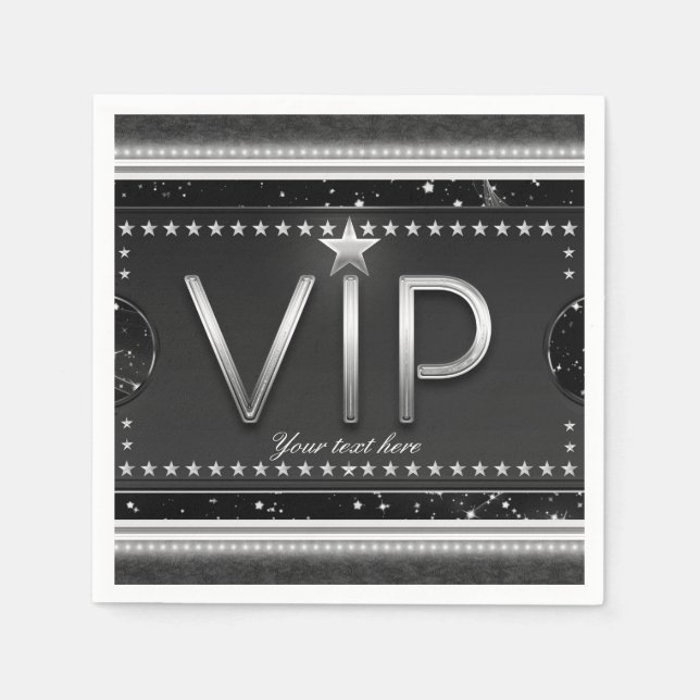 Black & Silver Glam Stars VIP Ticket Custom Party Paper Napkins (Front)