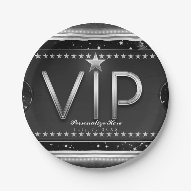 Black & Silver Glam Stars VIP Ticket Custom Party Paper Plates (Front)