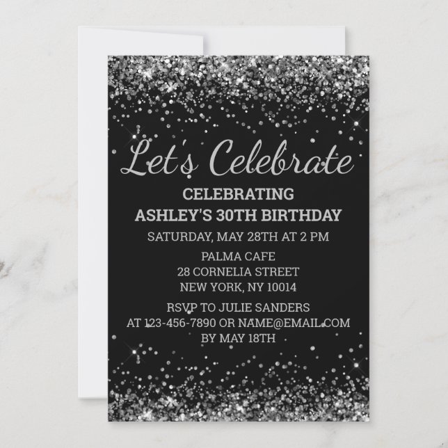 Black Silver Glitter 30th Birthday Let's Celebrate Invitation (Front)