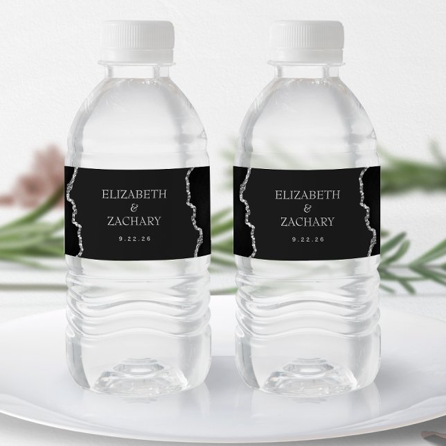 Black Silver Glitter Agate Dark Wedding Water Bottle Label (Creator Uploaded)