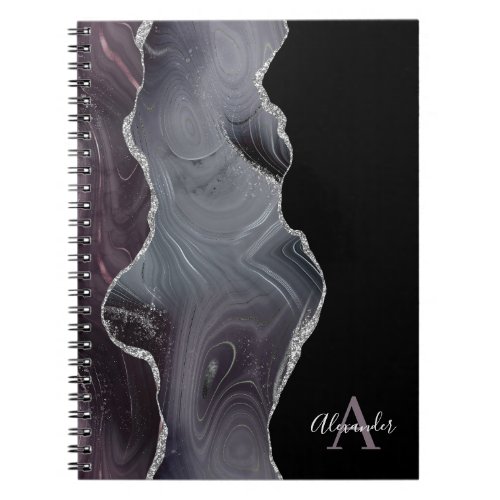 Black Silver Glitter Agate Geode Monogram Spiral Notebook