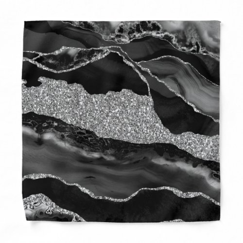 Black Silver Glitter Agate Geode Pocket Square Bandana