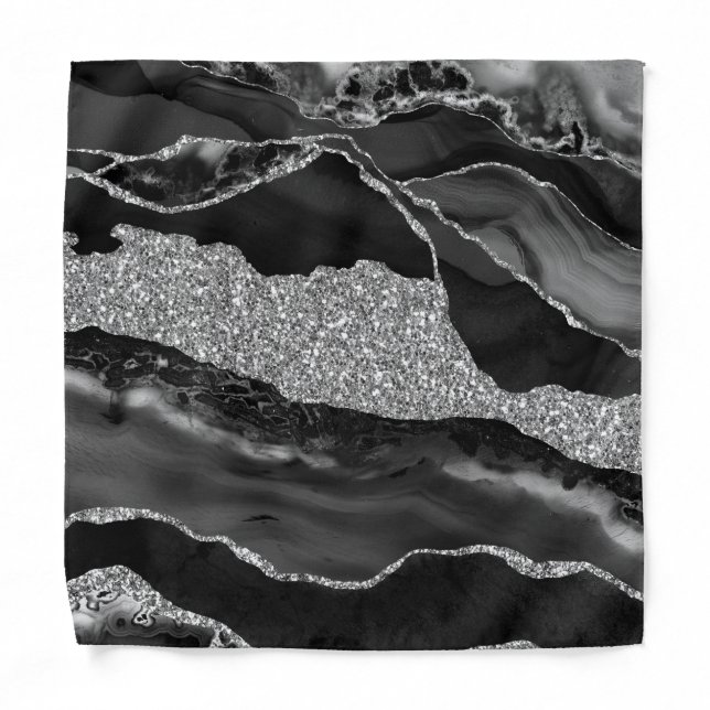 Black Silver Glitter Agate Geode Pocket Square Bandana (Front)