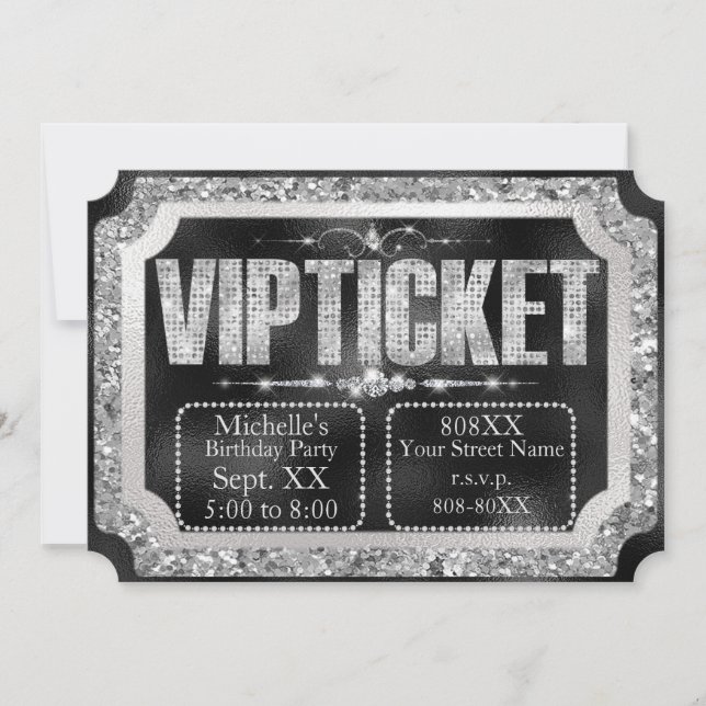 Black & Silver Glitter and Diamonds Ticket Invitation (Front)