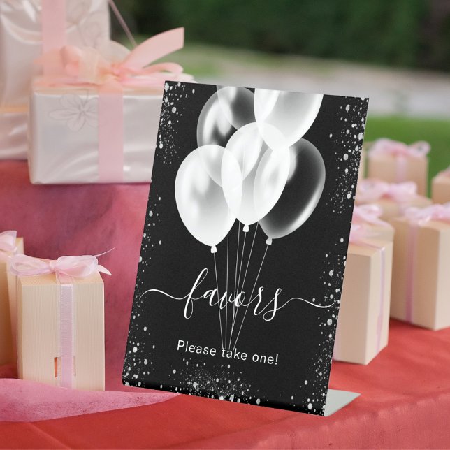 Black silver glitter balloons favors party pedestal sign (Creator Uploaded)
