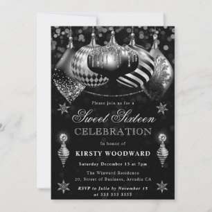 Black Silver Glitter Baubles Christmas Sweet 16 Invitation