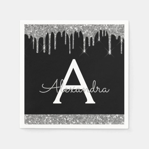 Black Silver Glitter Black Monogram Birthday Napkins