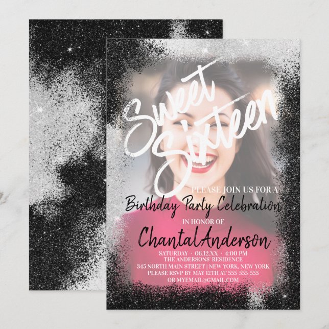 Black Silver Glitter Border Photo Sweet Sixteen Invitation (Front/Back)