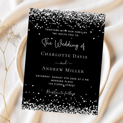 Black silver glitter budget wedding invitation