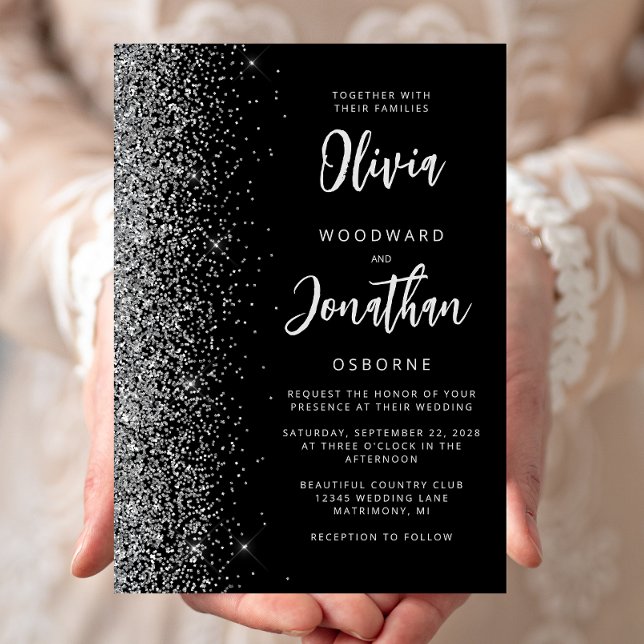 Black Silver Glitter Calligraphy Wedding Invitation (Creator Uploaded)