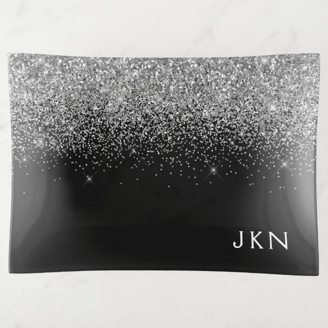 Black Silver Glitter Chic Monogram Name Trinket Tray (Front)