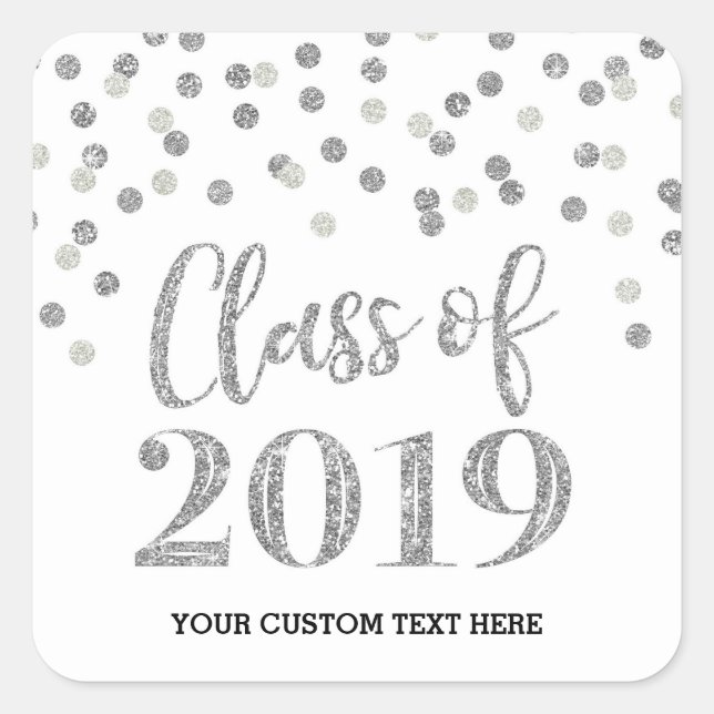 Black Silver Glitter Confetti Graduation 2019 Square Sticker (Front)