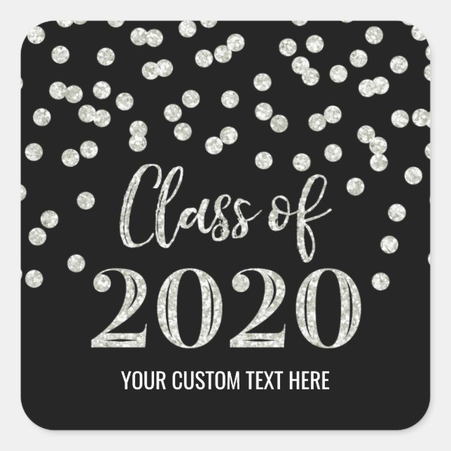 Black Silver Glitter Confetti Graduation 2020 Square Sticker (Front)