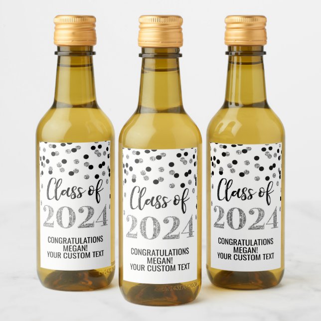 Black Silver Glitter Confetti Graduation Wine Label (Bottles)