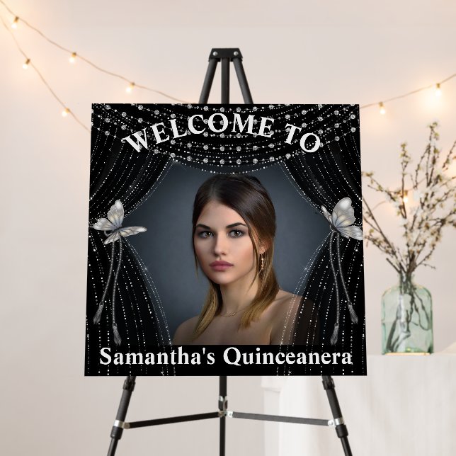 Black silver glitter curtain butterfly quinceanera foam board (In Situ (Stand))