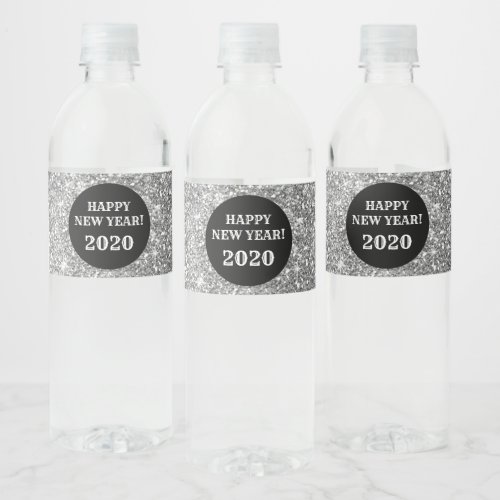 Black Silver Glitter Custom Happy New Year Water Bottle Label