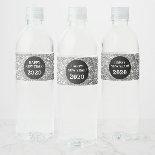 Black Silver Glitter Custom Happy New Year Water Bottle Label