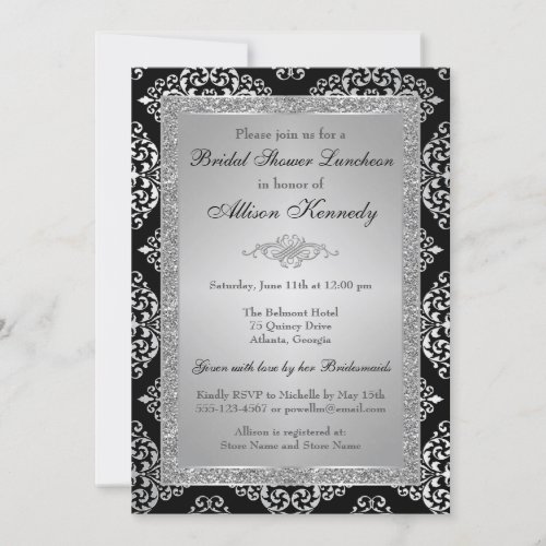 Black Silver Glitter Damask Bridal Shower Invite