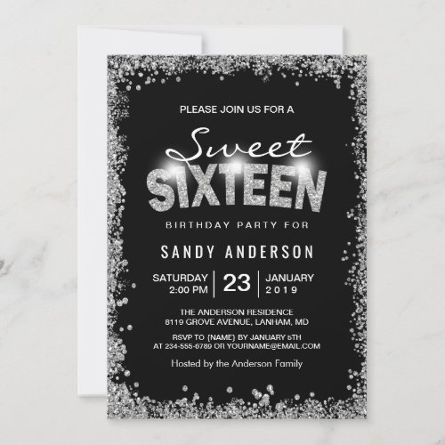 Black Silver Glitter Diamond Sweet 16 Sixteen Card