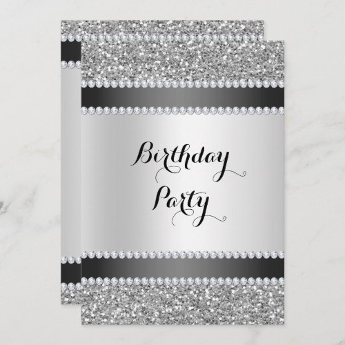 Black  Silver Glitter  Diamonds Birthday Invitation