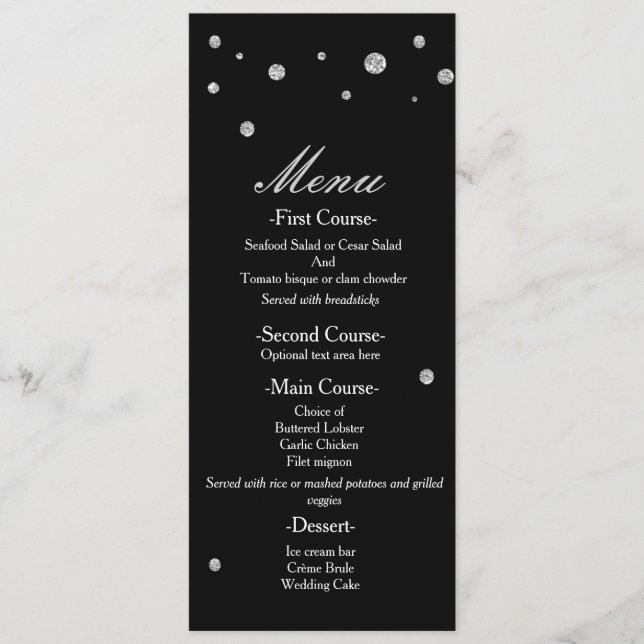 Black & Silver Glitter Dots Elegant Wedding Menu (Front)