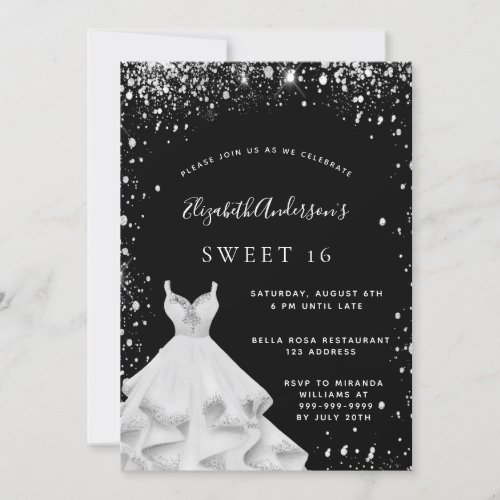 Black silver glitter dress Sweet 16 Invitation