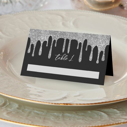Black  Silver Glitter Drip Wedding Reception Place Card