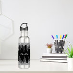 Black silver glitter drips custom monogram name stainless steel water bottle<br><div class="desc">A stylish black background with elegant faux silver glitter drips,  paint dripping look. Personalize and add your name. The name is written with a white hand lettered style script.</div>