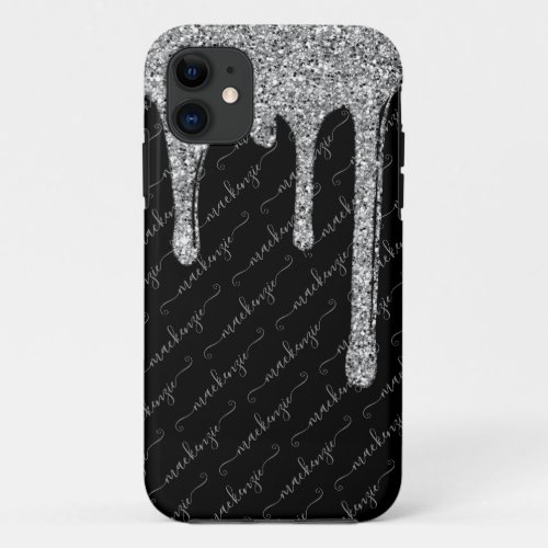 Black Silver Glitter Drips Handwritten Name iPhone 11 Case