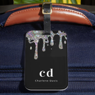 Black silver glitter drips monogram name luggage tag