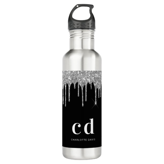 Black silver glitter drips monogram sparkle stainless steel water bottle (Front)