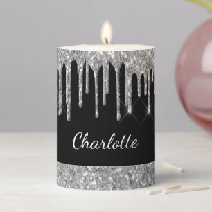 Black silver glitter drips name pillar candle