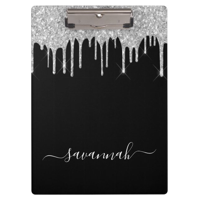 Black silver glitter drips script name glamorous clipboard (Front)