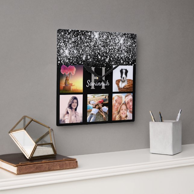 Black silver glitter dust custom photo collage square wall clock (Office)