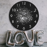 Black silver glitter dust large clock<br><div class="desc">A chic black background,  decorated with faux silver glitter dust.</div>