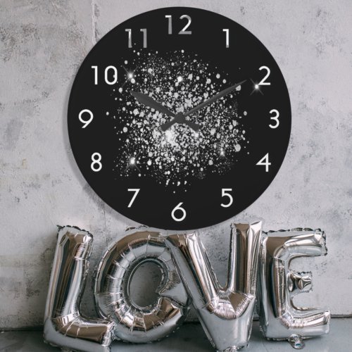 Black silver glitter dust large clock