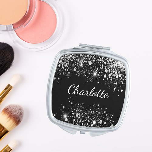 Black silver glitter dust monogram compact mirror