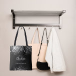 Black silver glitter dust monogram initials  tote bag<br><div class="desc">An elegant black background. Decorated with faux silver glitter drips,  paint dripping look. Personalize and add your first name,  monogram initials and full name. The name is written with a hand lettered style script.</div>