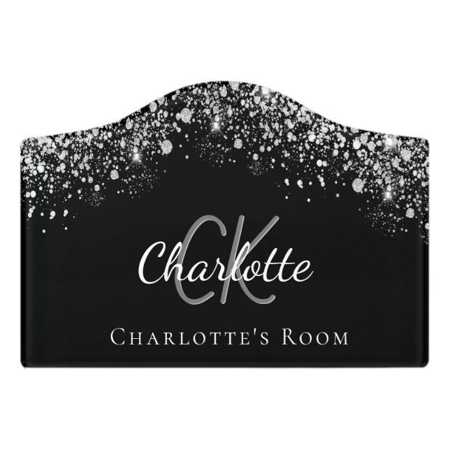 Black silver glitter dust monogram name door sign (Small Crest Front)