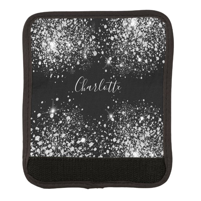 Black silver glitter dust monogram name luggage handle wrap (Front)
