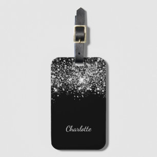Black silver glitter dust monogram name script luggage tag