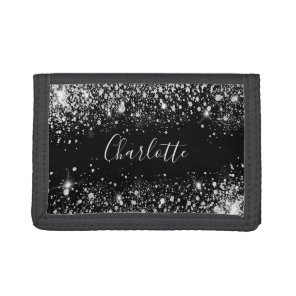 Black silver glitter dust monogram name script tri-fold wallet